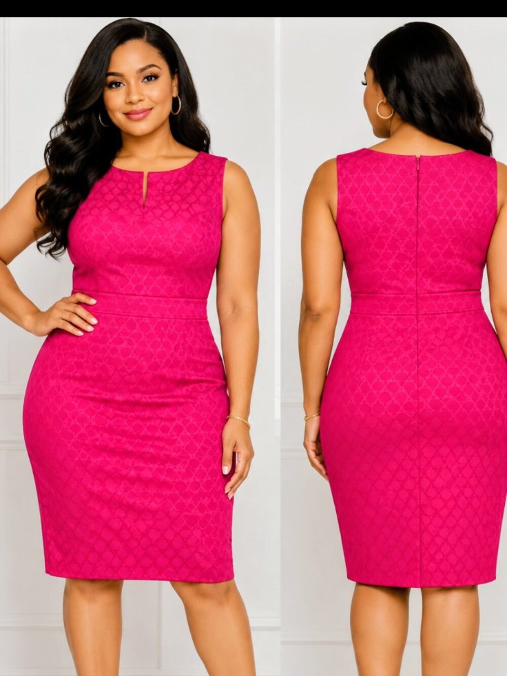 Jones Studio Hot Pink Cocktail Geometric Sheath Dress Sleeveless Keyhole Size 16